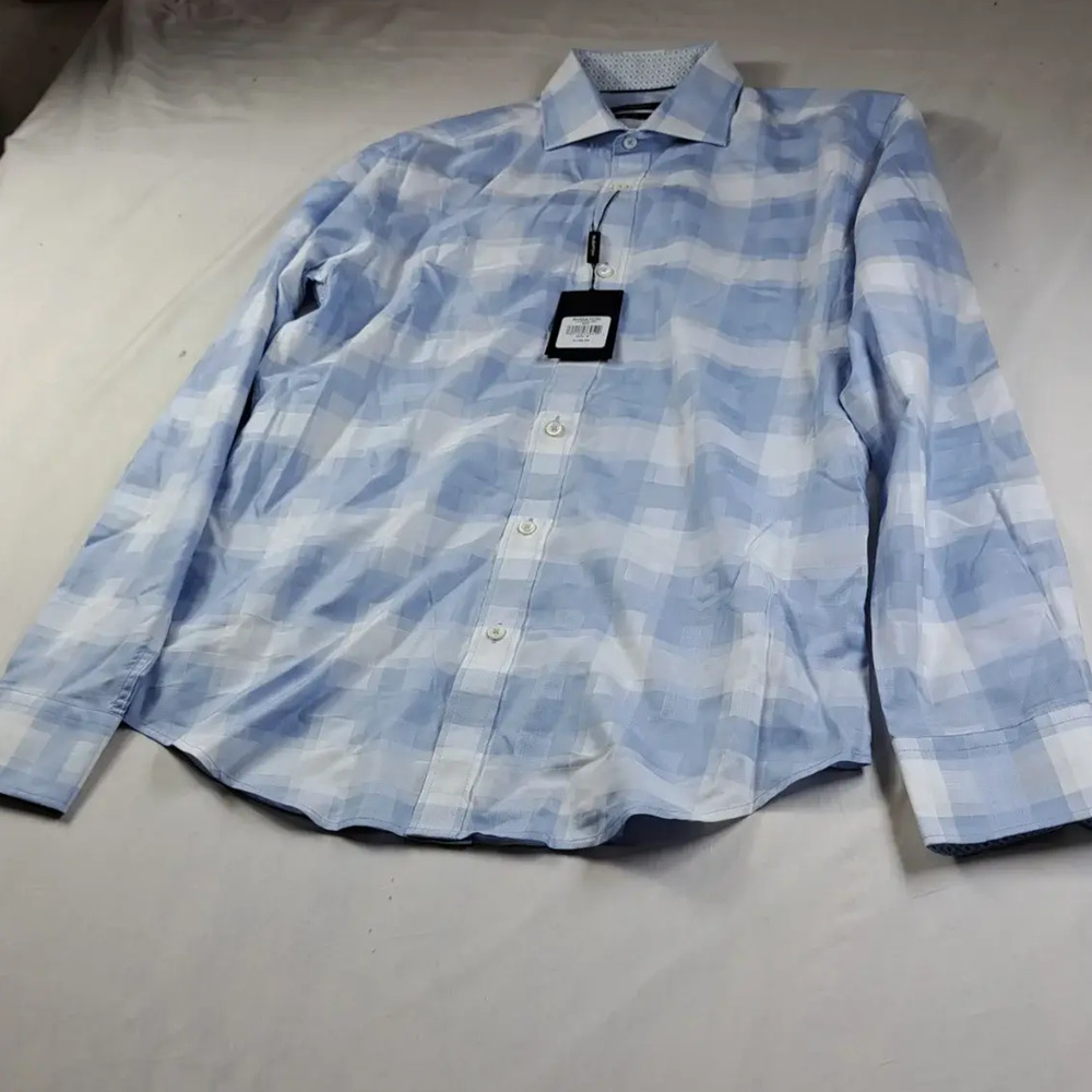 BUGATCHI Men's Shaped Fit Long Sleeve Plaid Button Up Shirt Size M Sky Blue